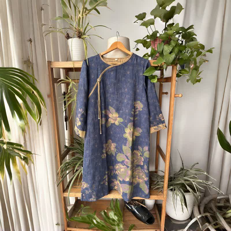 Chemise de nuit en gaze de coton à motif floral oriental - Bleu - L - image 0