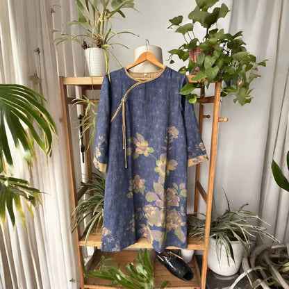 Chemise de nuit en gaze de coton à motif floral oriental - Bleu - L - image 0