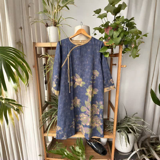 Chemise de nuit en gaze de coton à motif floral oriental - Bleu - L - image 0