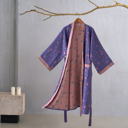 Peignoir kimono en gaze de coton à motif papillon - Violet - 2XL - image 0