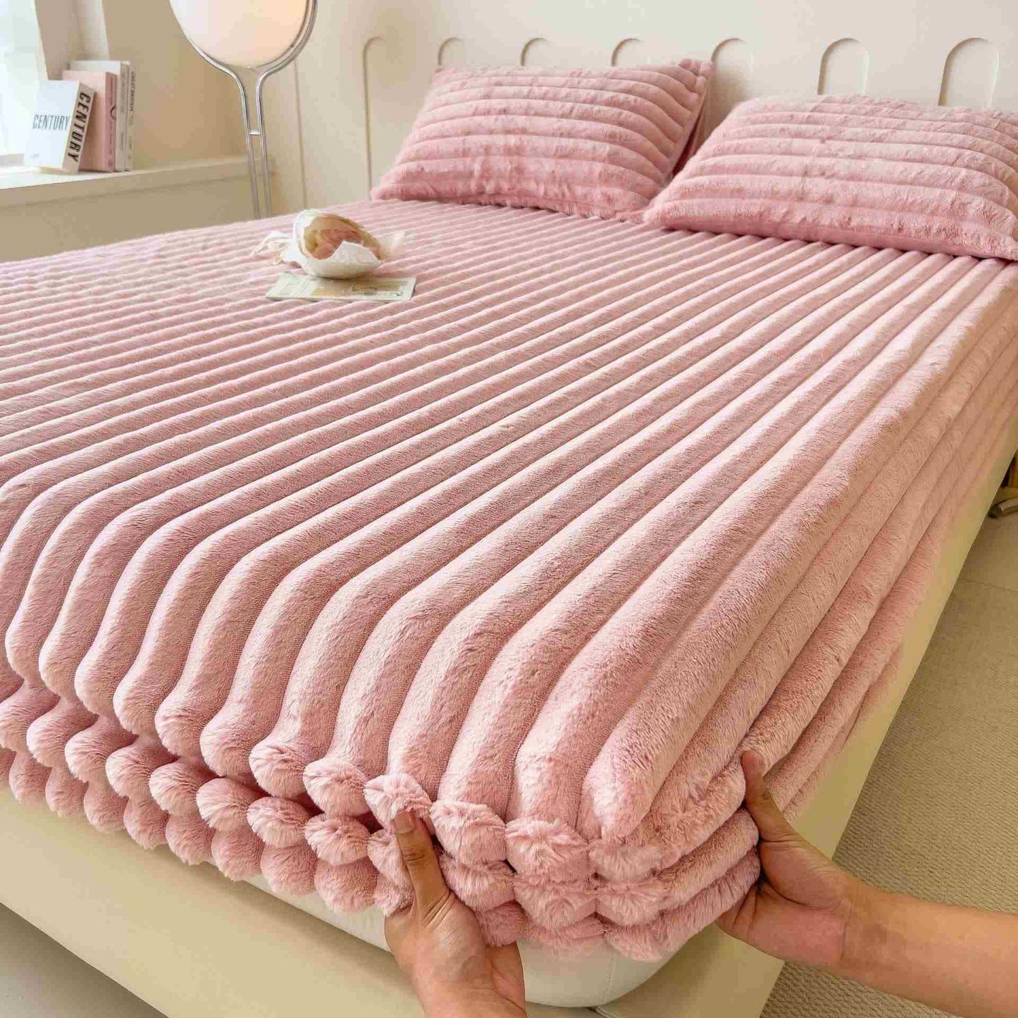Drap-housse simple et chaud en polaire pelucheuse - Rose clair - Drap avec 2 taies d'oreiller - 200 cm x 220 cm - image 4