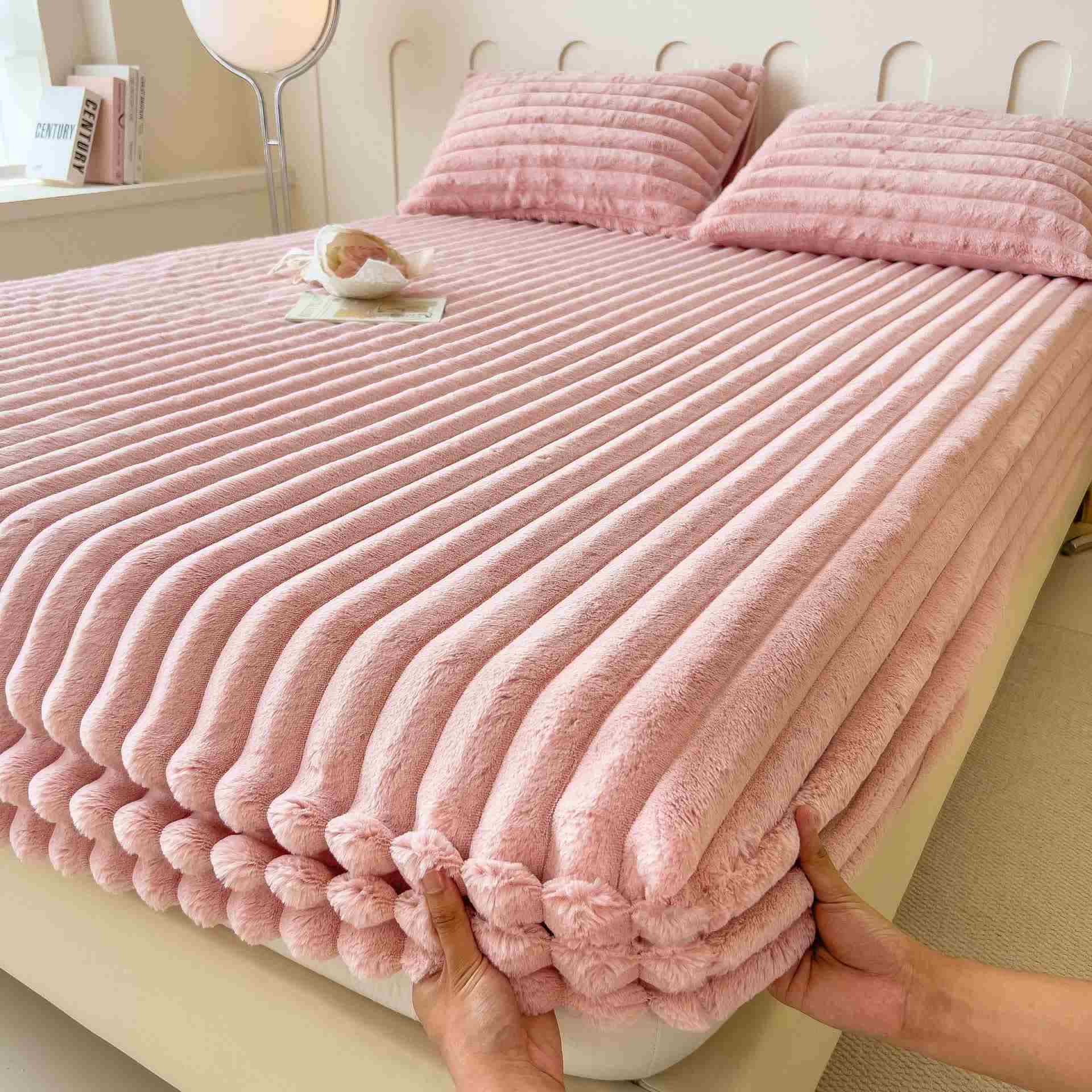 Drap-housse simple et chaud en polaire pelucheuse - Rose clair - Drap avec 2 taies d'oreiller - 200 cm x 220 cm - image 4