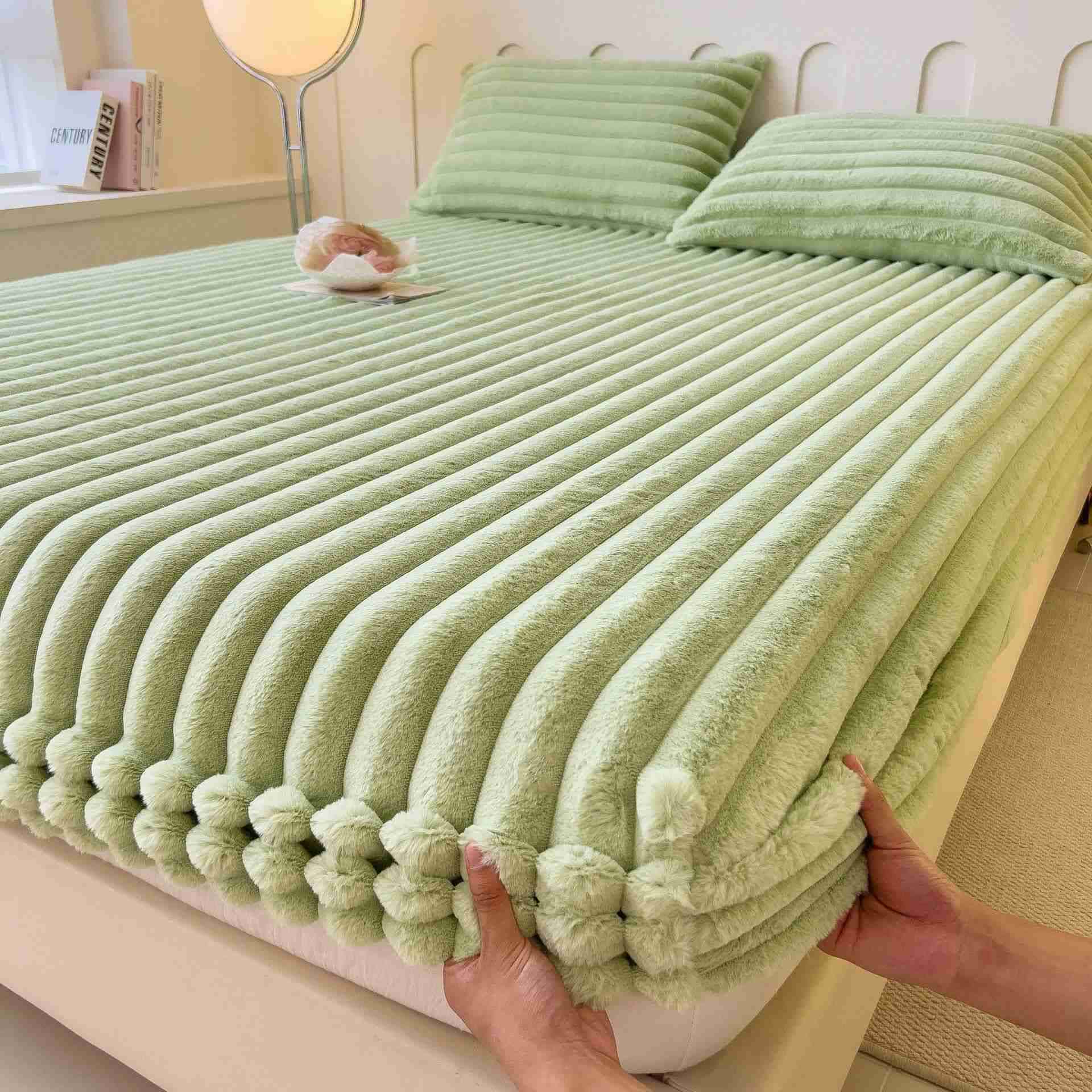 Drap-housse simple et chaud en polaire pelucheuse - Vert - Drap avec 2 taies d'oreiller - 200 cm x 220 cm - image 11
