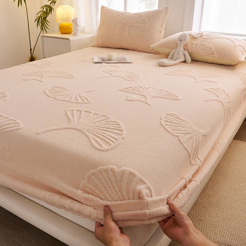Drap-housse chaud en polaire de feuille de ginkgo - abricot - Drap avec 2 taies d'oreiller - 200 cm x 220 cm - image 2
