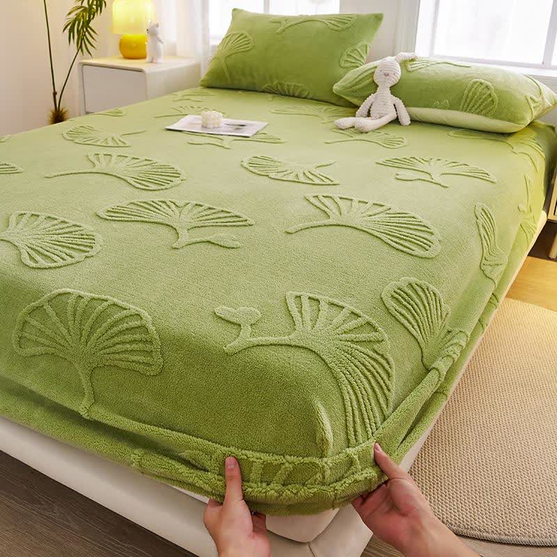 Drap-housse chaud en polaire de feuille de ginkgo - Vert - Drap avec 2 taies d'oreiller - 200 cm x 220 cm - image 1