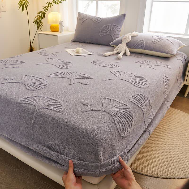 Drap-housse chaud en polaire de feuille de ginkgo - Bleu brume - Drap avec 2 taies d'oreiller - 200 cm x 220 cm - image 5