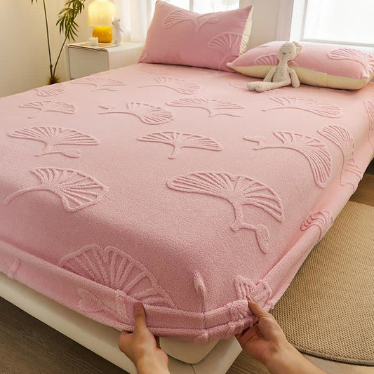Drap-housse chaud en polaire de feuille de ginkgo - Rose - Drap avec 2 taies d'oreiller - 200 cm x 220 cm - image 0