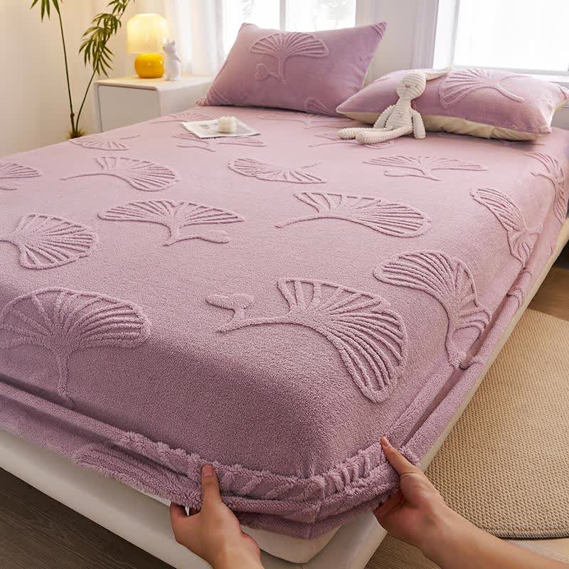 Drap-housse chaud en polaire de feuille de ginkgo - Violet - Drap avec 2 taies d'oreiller - 200 cm x 220 cm - image 4