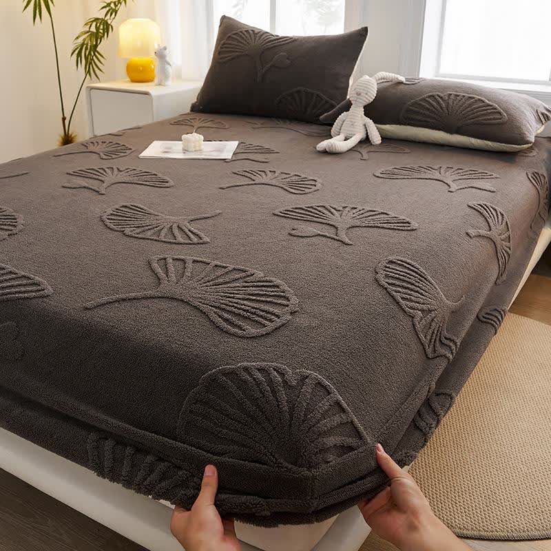 Drap-housse chaud en polaire de feuille de ginkgo - gris foncé - Drap avec 2 taies d'oreiller - 200 cm x 220 cm - image 3