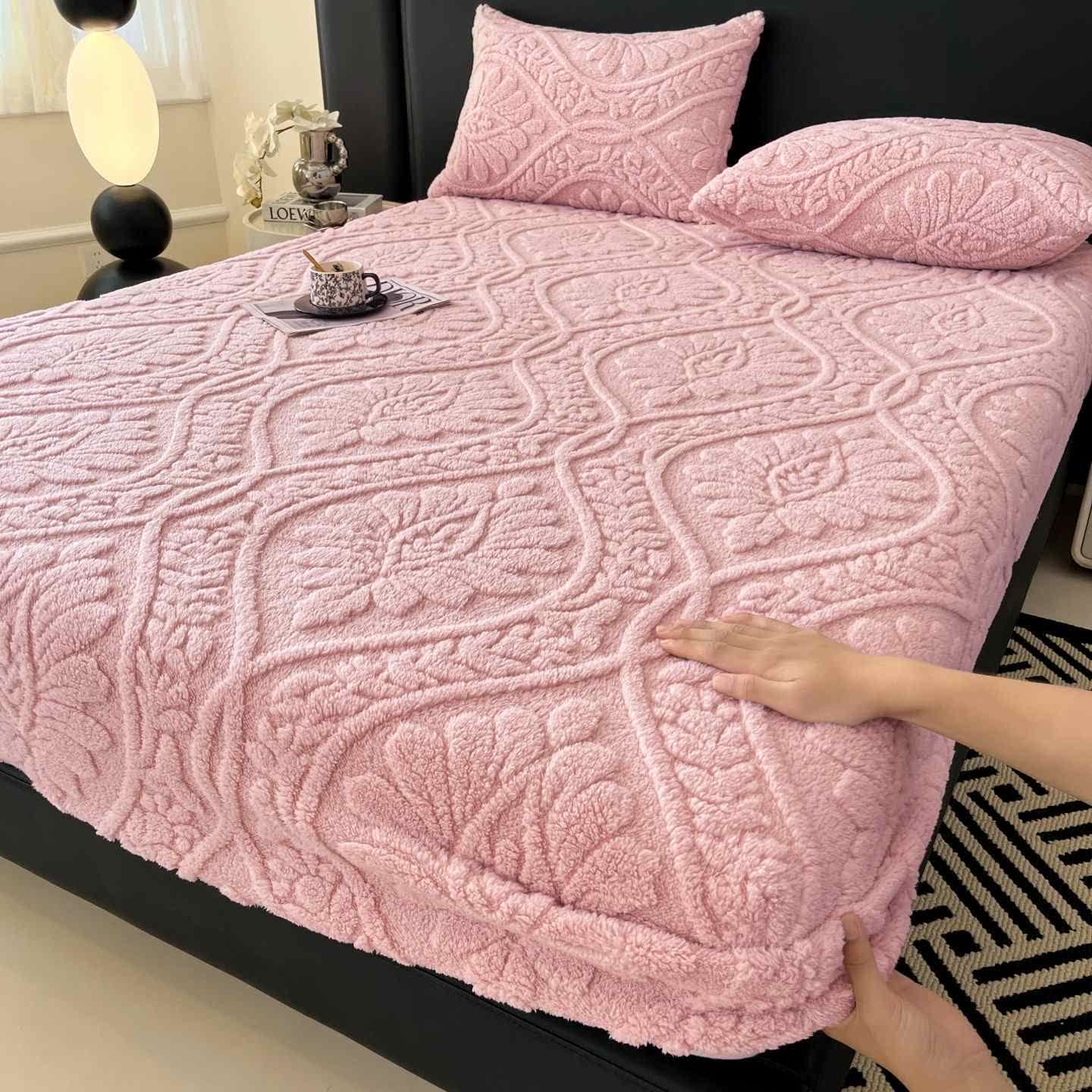 Drap-housse polaire chaud avec motif ondulé et motif floral - Rose - Drap avec 2 taies d'oreiller - 200 cm x 220 cm - image 0