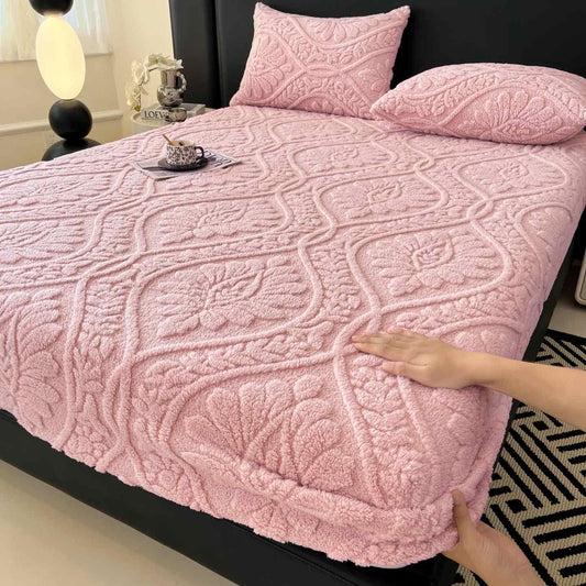 Drap-housse polaire chaud avec motif ondulé et motif floral - Rose - Drap avec 2 taies d'oreiller - 200 cm x 220 cm - image 0