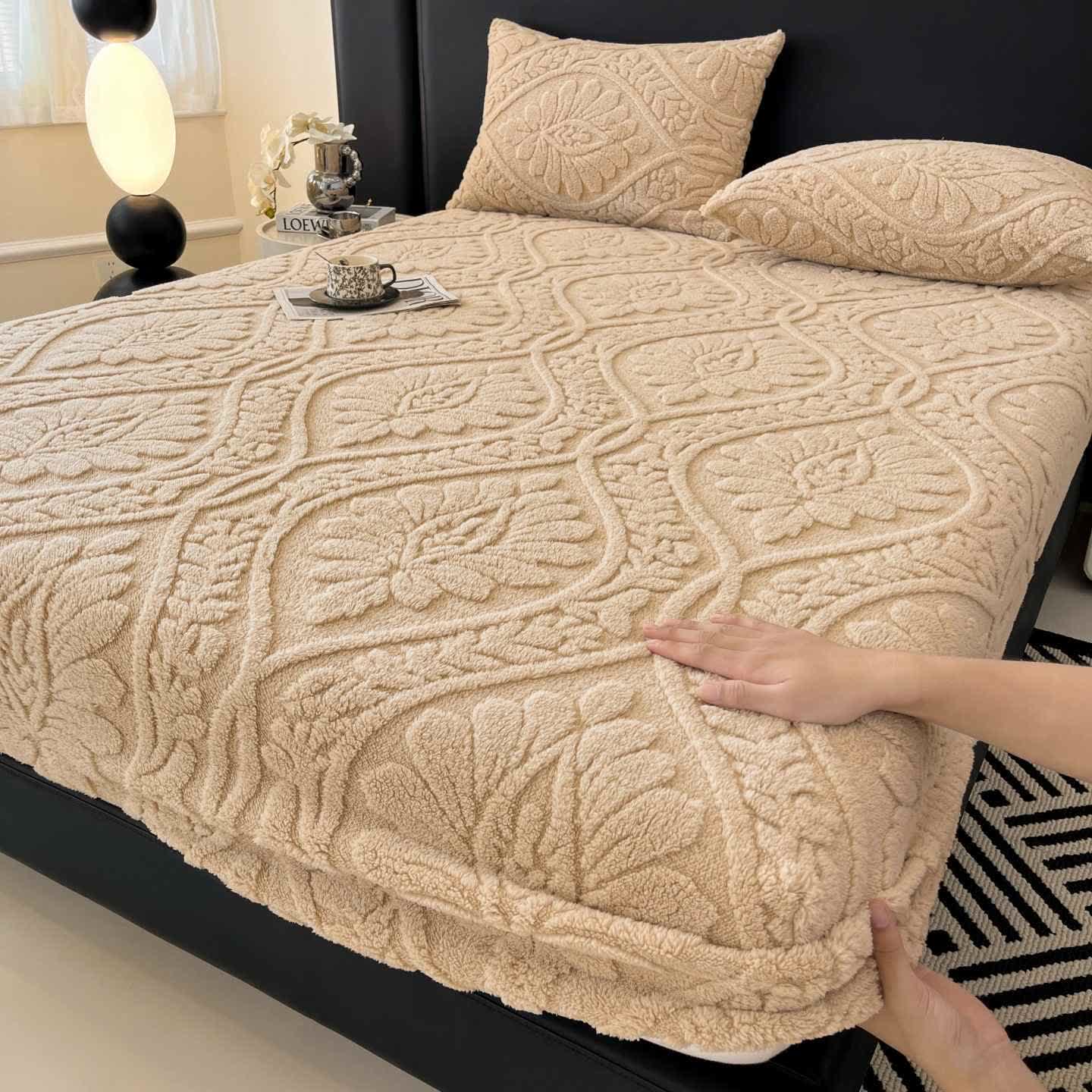 Drap-housse polaire chaud avec motif ondulé et motif floral - Café - Drap avec 2 taies d'oreiller - 200 cm x 220 cm - image 1