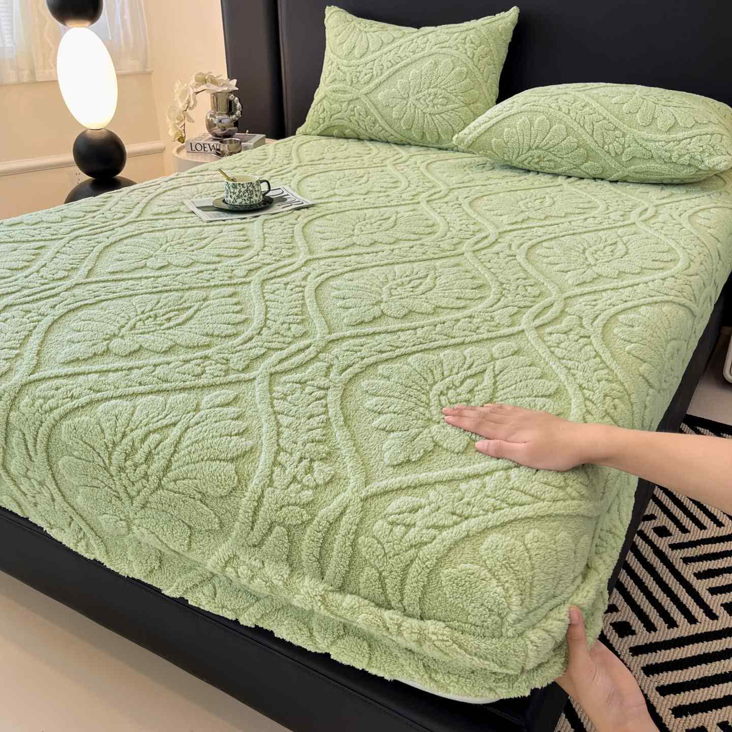Drap-housse polaire chaud avec motif ondulé et motif floral - Vert - Drap avec 2 taies d'oreiller - 200 cm x 220 cm - image 5