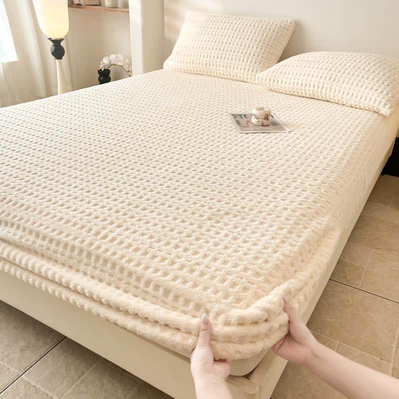 Drap-housse en polaire chaude avec structure gaufrée - Beige - Drap avec 2 taies d'oreiller - 200 cm x 220 cm - image 8