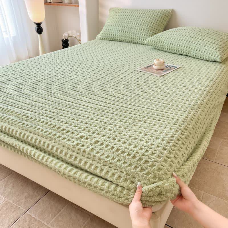 Drap-housse en polaire chaude avec structure gaufrée - Vert - Drap avec 2 taies d'oreiller - 200 cm x 220 cm - image 11
