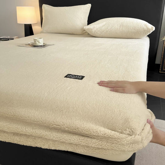 Drap-housse uni et chaud en peluche - abricot - Drap avec 2 taies d'oreiller - 200 cm x 220 cm - image 0