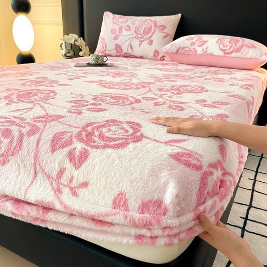 Drap-housse polaire chaud avec des roses roses - 2 taies d'oreiller - 48 cm x 74 cm - image 0