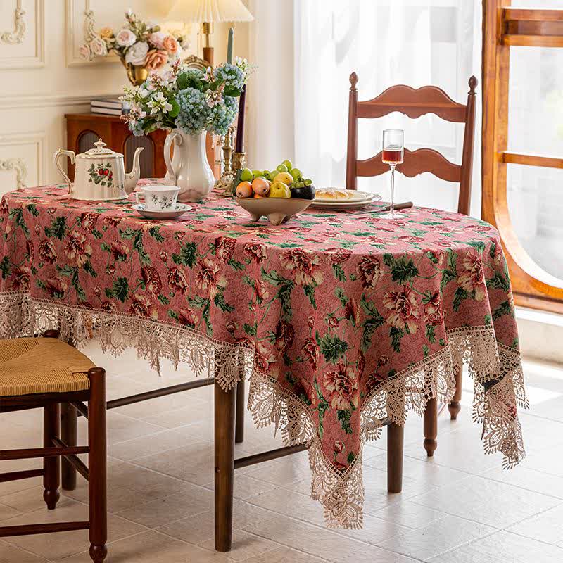Nappe élégante avec bordure en dentelle et motif floral - Rose - 140 cm x 250 cm - image 2