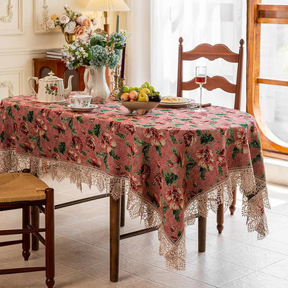 Nappe élégante avec bordure en dentelle et motif floral - Rose - 140 cm x 250 cm - image 2