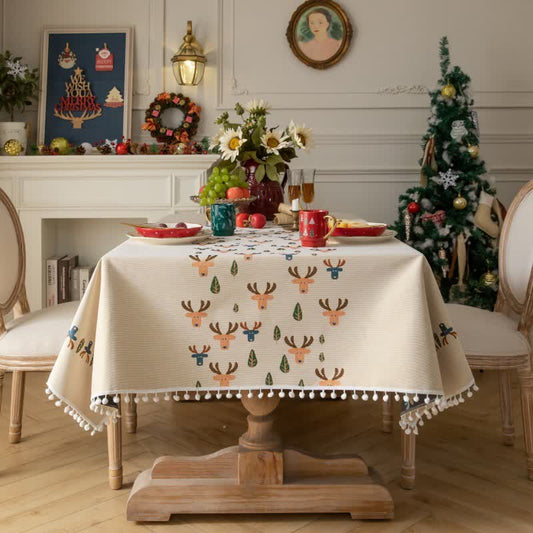 Nappe de Noël renne en jacquard beige - 140 cm x 260 cm - image 0