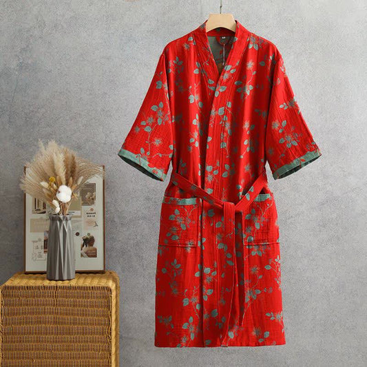 Robe Yukata en gaze de coton avec des feuilles de brindilles - XL - image 0