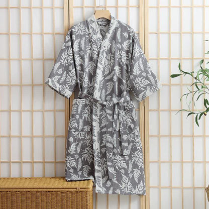 Robe Yukata kimono en gaze de coton feuille - Gris - XL - image 5
