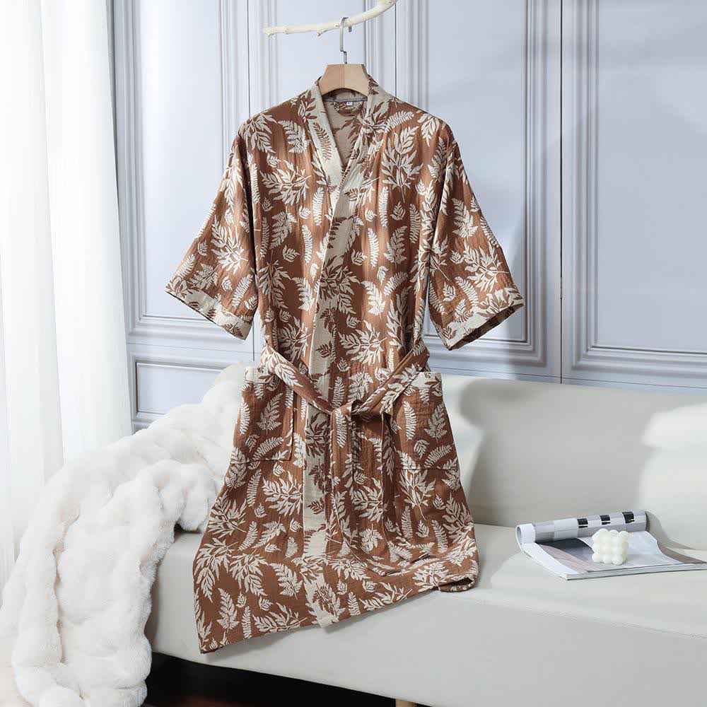 Robe Yukata kimono en gaze de coton feuille - Café - XL - image 10