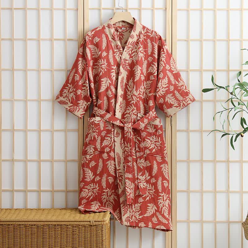 Robe Yukata kimono en gaze de coton feuille - Rouge orange - XL - image 0