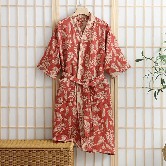 Robe Yukata kimono en gaze de coton feuille - Rouge orange - XL - image 0