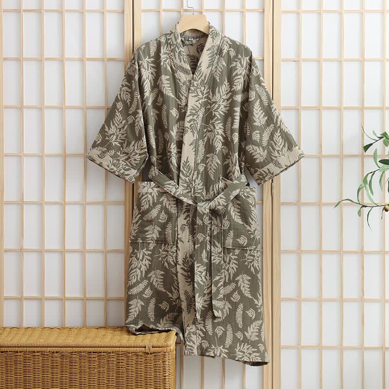 Robe Yukata kimono en gaze de coton feuille - Vert - XL - image 7