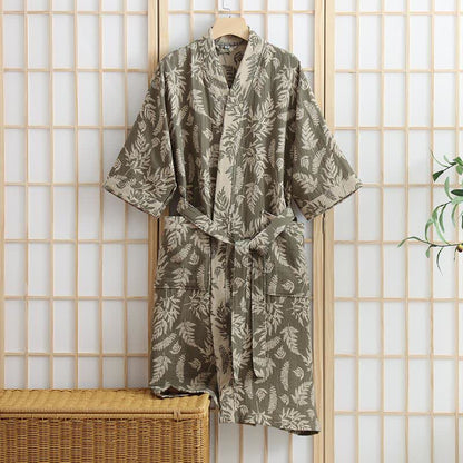 Robe Yukata kimono en gaze de coton feuille - Vert - XL - image 7
