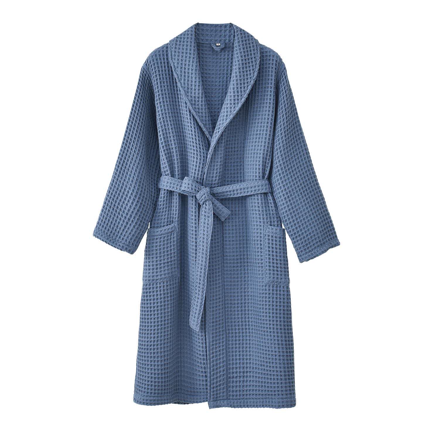 Peignoir uni en pur coton à motif gaufré - Bleu - XXL - image 7