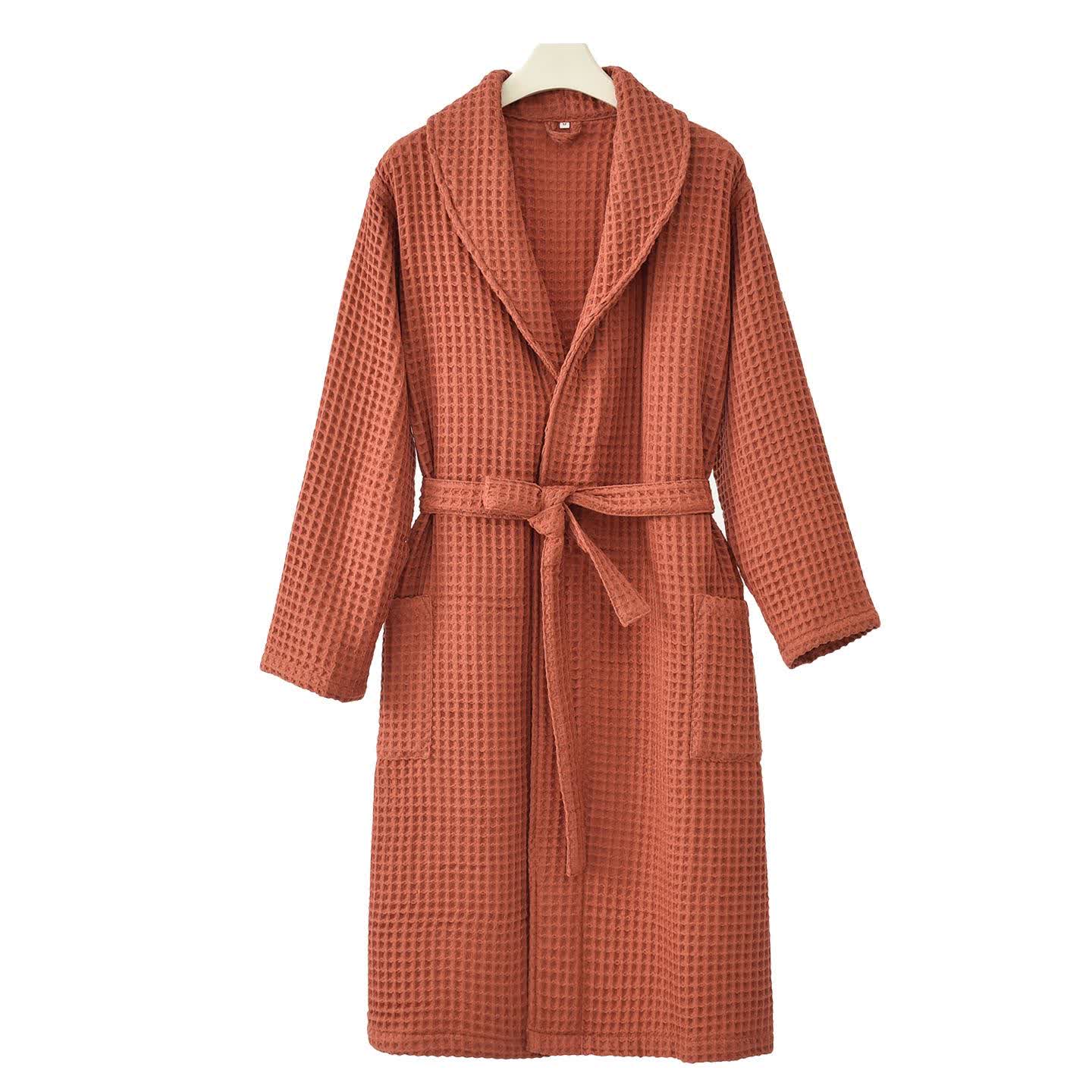 Peignoir uni en pur coton à motif gaufré - Rouge - XXL - image 5
