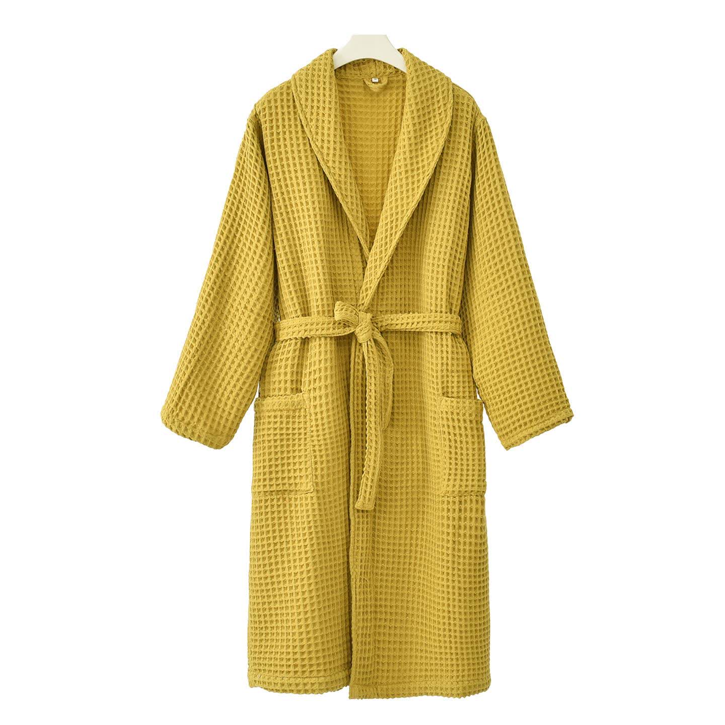Peignoir uni en pur coton à motif gaufré - Jaune - XXL - image 3
