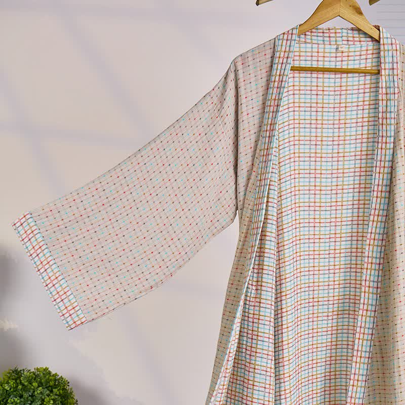 Peignoir kimono coloré en gaze de coton à motif vichy - image 1