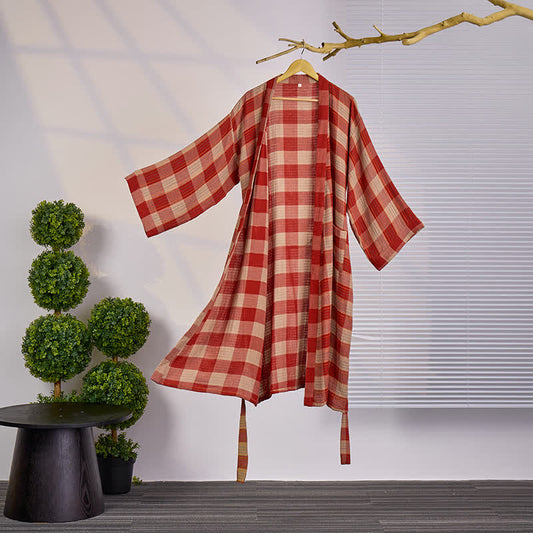Peignoir kimono classique à carreaux en gaze de coton - Rouge - XXL - image 0