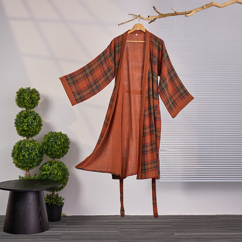Robe kimono vintage en gaze de coton à carreaux - XXL - image 0