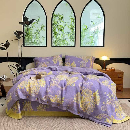 Parure de lit luxueuse en gaze de coton à motif pivoine (4 pièces) - 220 cm x 240 cm - image 0