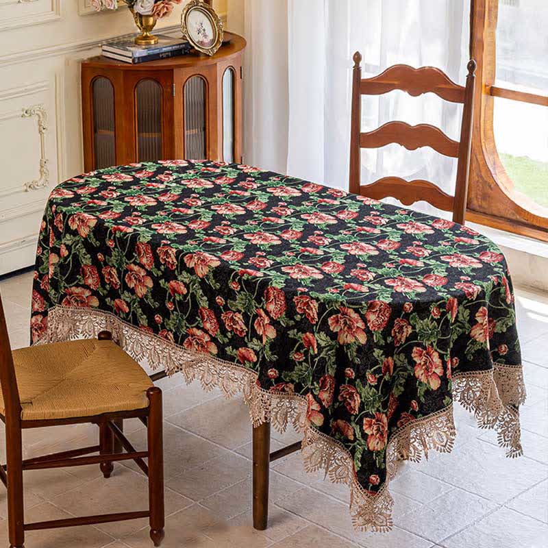 Nappe élégante avec bordure en dentelle et motif floral - Noir - 140 cm x 250 cm - image 1