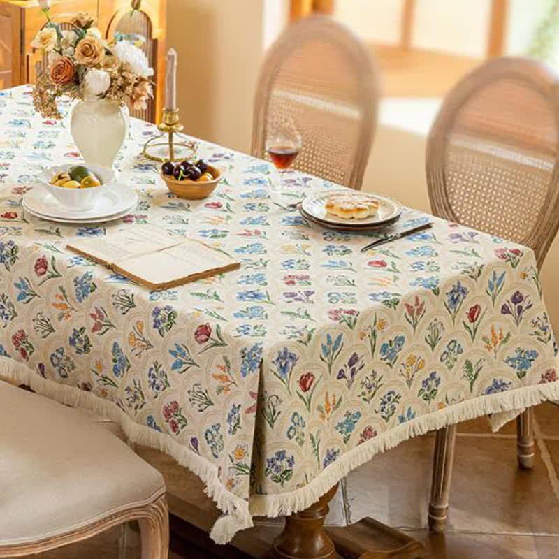 Nappe vintage avec pompon et bouquet fleuri - Beige - 140 cm x 260 cm - image 13