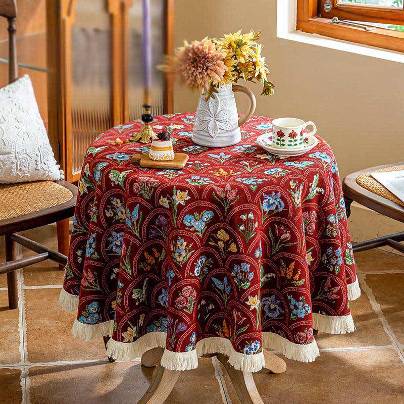 Nappe vintage avec pompon et bouquet fleuri - Rouge - Environ 140 cm - image 5