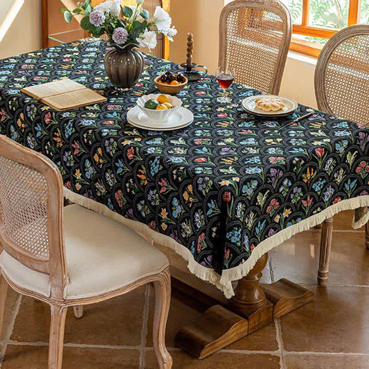 Nappe vintage avec pompon et bouquet fleuri - Noir - 140 cm x 260 cm - image 0