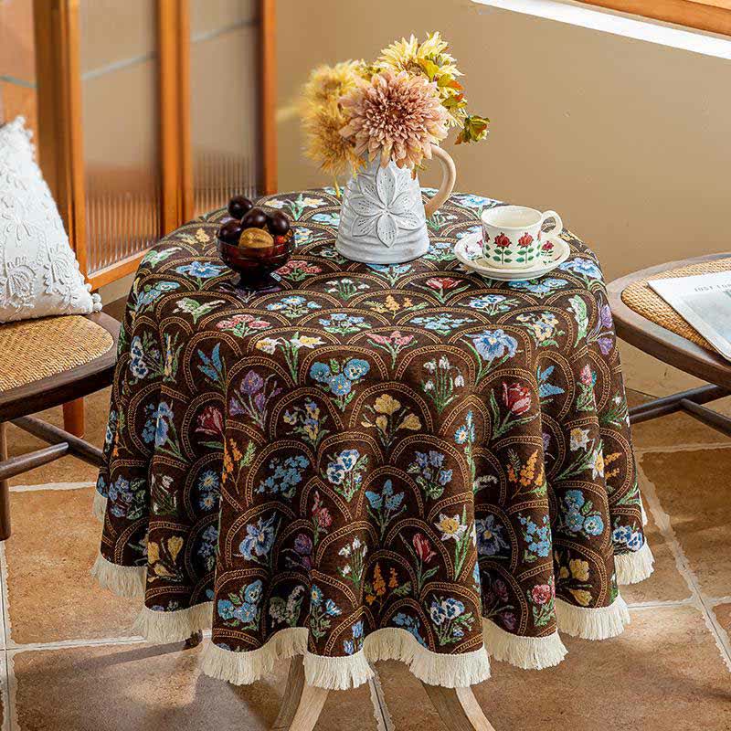 Nappe vintage avec pompon et bouquet fleuri - Brun - Environ 140 cm - image 8