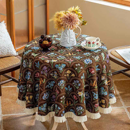 Nappe vintage avec pompon et bouquet fleuri - Brun - Environ 140 cm - image 8
