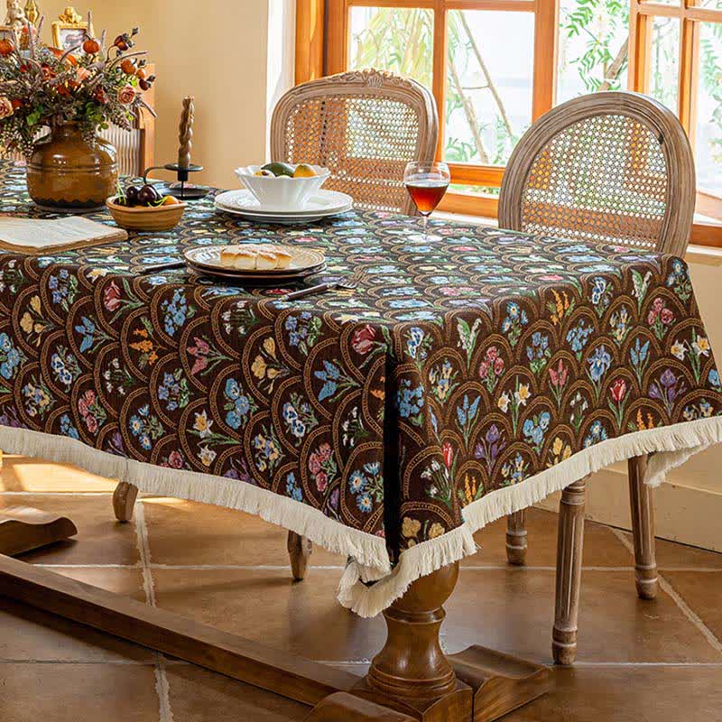 Nappe vintage avec pompon et bouquet fleuri - Brun - 140 cm x 260 cm - image 6