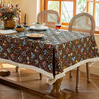 Nappe vintage avec pompon et bouquet fleuri - Brun - 140 cm x 260 cm - image 6