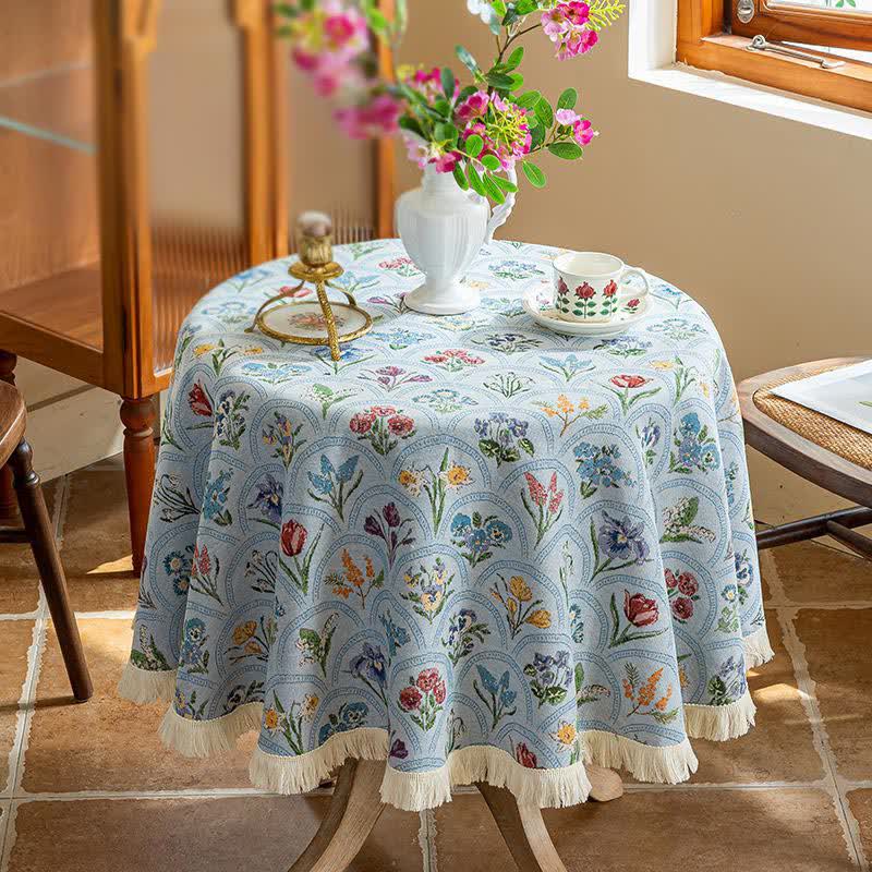 Nappe vintage avec pompon et bouquet fleuri - Bleu - Environ 140 cm - image 11