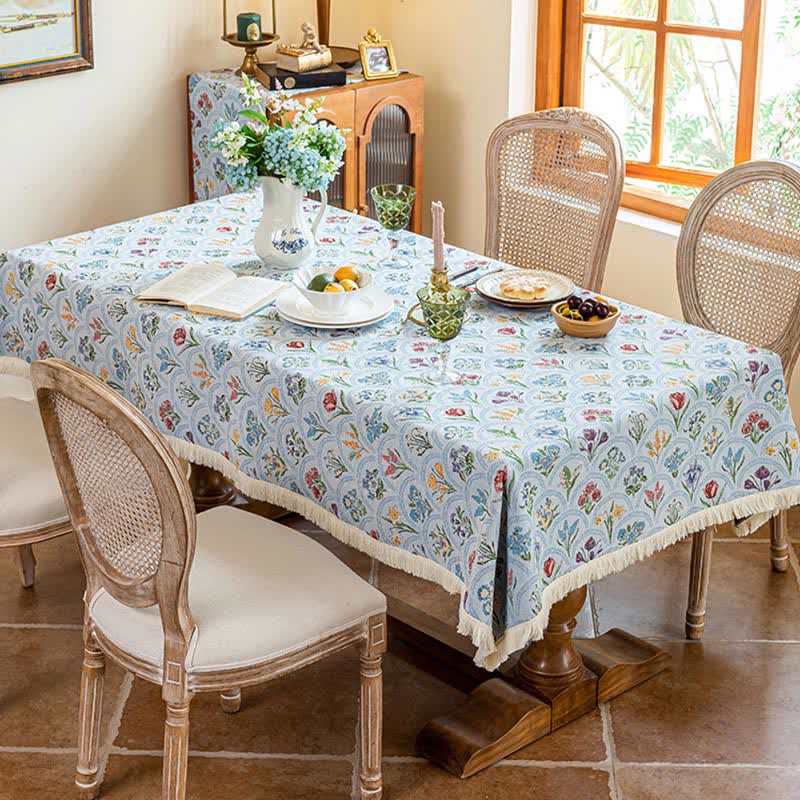 Nappe vintage avec pompon et bouquet fleuri - Bleu - 140 cm x 260 cm - image 9