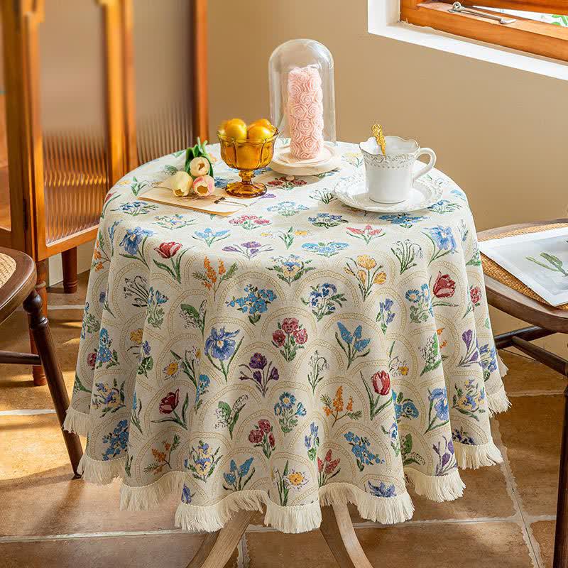 Nappe vintage avec pompon et bouquet fleuri - Beige - Environ 140 cm - image 16