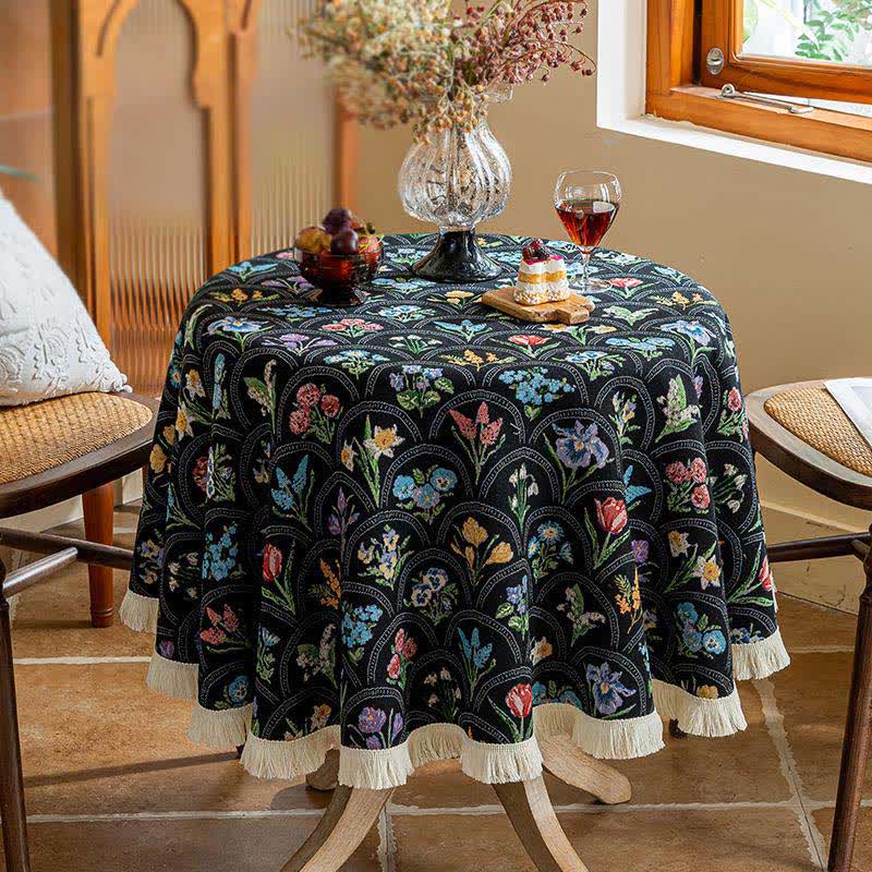 Nappe vintage avec pompon et bouquet fleuri - Noir - Environ 140 cm - image 1